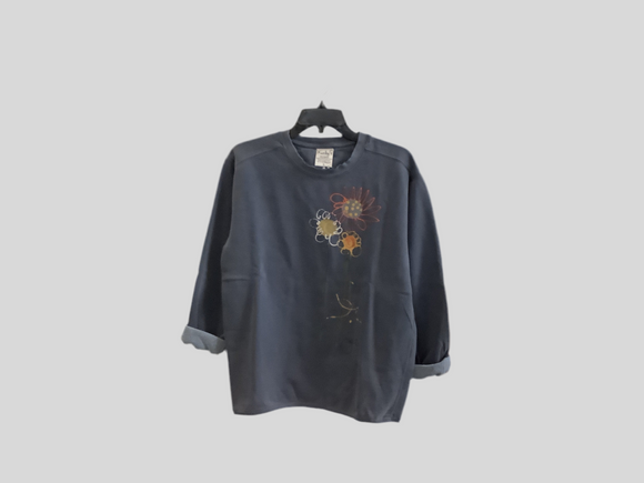 Kunky’s Grey Round Neck Sweatshirt w/Trio of Hand Painted Yellow/Orange Flowers on Front