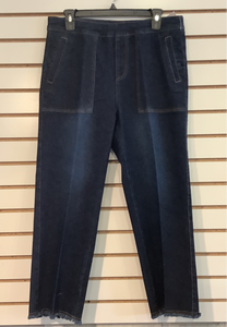 Slimsation Midnight Blue Wide Leg, Pull-On, 4-Pocket Crop Pant w/Fringed Hem by Multiples.