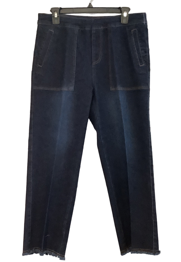 Slimsation Midnight Blue Wide Leg, Pull-On, 4-Pocket Crop Pant w/Fringed Hem by Multiples.