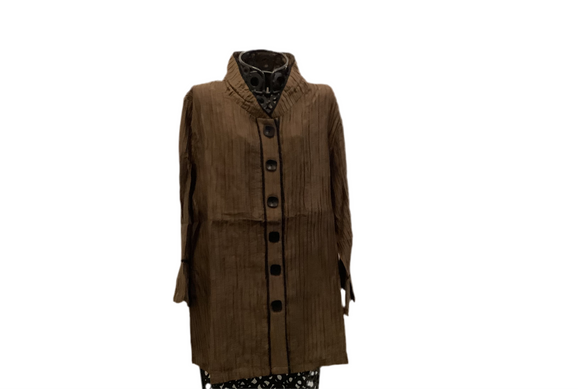 Dark Taupe, Wire Button Front Top w/Piping Detail and  w/Elbow Length Sleeve by Lior.
