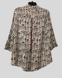 White 3/4 Sleeve Blouse w/Black Stick People Print and Red Button & Back Zipper Detail by Shana.