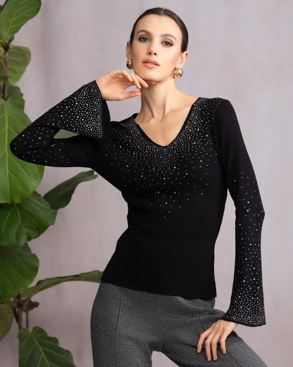 Black V-Neck, Long Bell Sleeve Sweater w/Bling on Front and Sleeves by Alison Sheri.