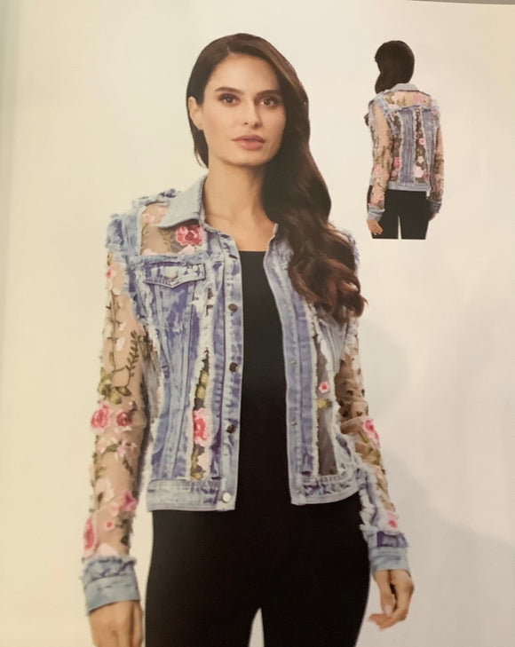 Lite Denim Jacket w/Embroidered White Mesh Pastel Floral on Sleeves and Jacket by Adore.