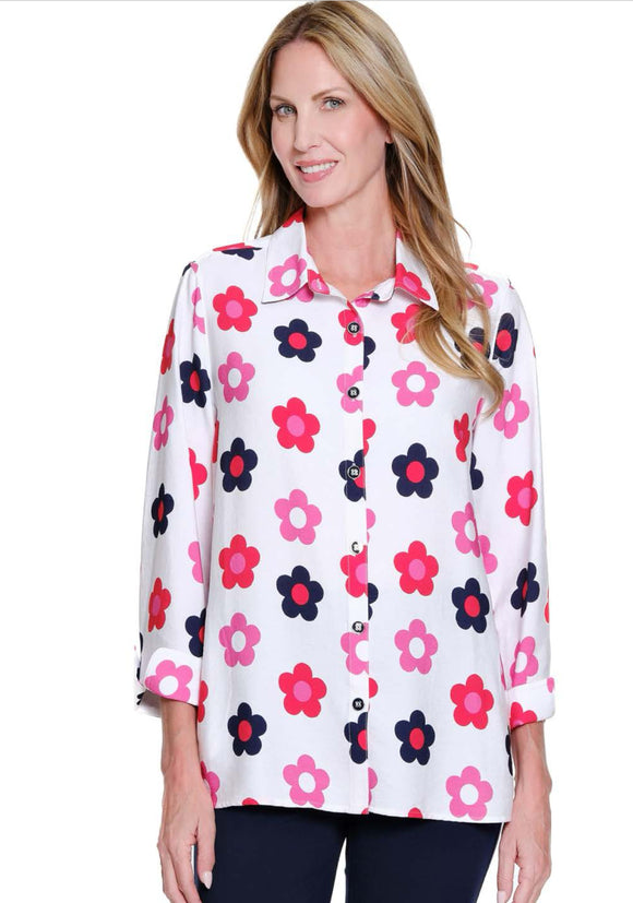 White Blouse with Navy/Fuchsia Daisies, Button Front, 3/4 Cuffed
