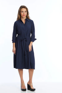 Navy Long Sleeve, Button Tab Collar, Belted A-Line Dress w/Side Pockets by Lior of Paris.