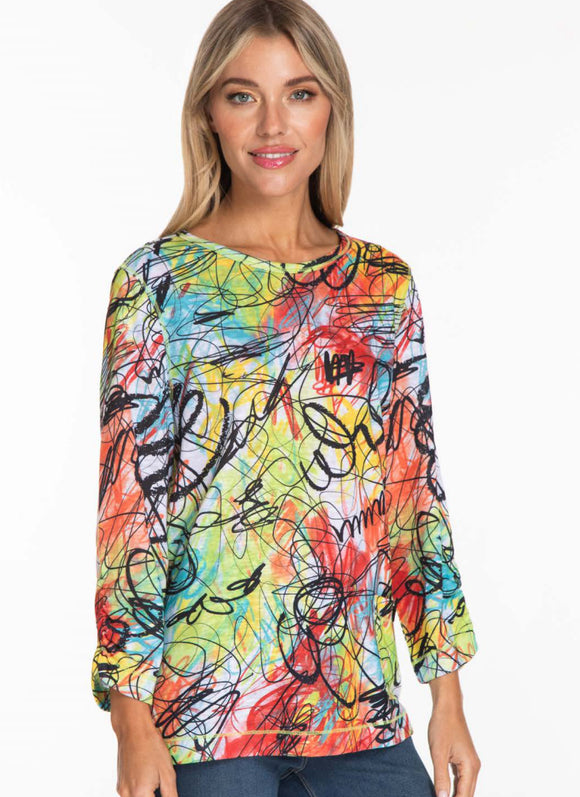 White/Aqua/Orange/Black Round Neck, Graphic Swirl Print Top, 3/4 Sleeves with 1 Side Pocket by Multiples.