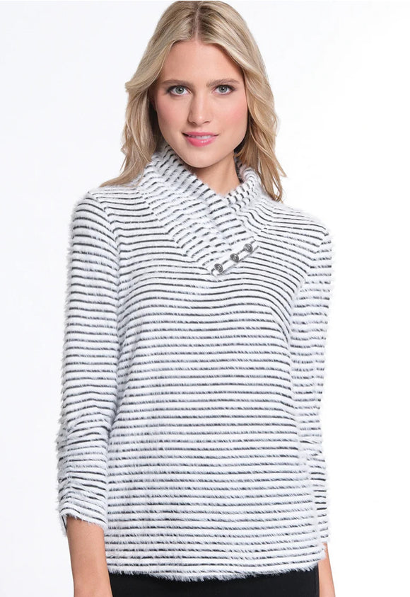 Black/White Stripe Super Soft, Shirred Collar with 3/4 Bungee Sleeve Top by Multiples.