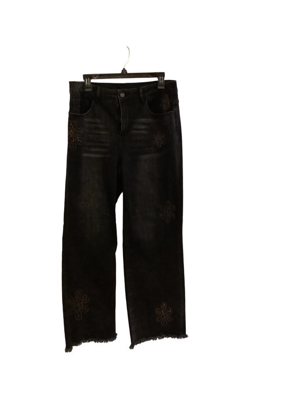 Black Denim Zip Front Jeans w/ Front, Back Pockets and Bronze Embossed Flowers by Orly.