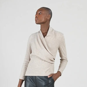 Oatmeal Heather Faux Cashmere, Draped V-Neck, Ruched Sweater by Clara Sun Woo.