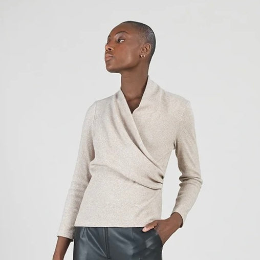 Oatmeal Heather Faux Cashmere, Draped V-Neck, Ruched Sweater by Clara Sun Woo.