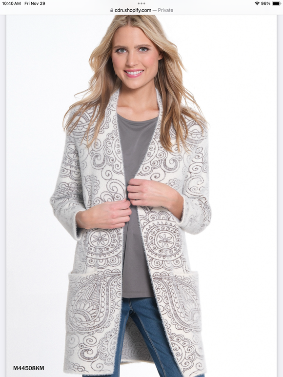 White/Dark Taupe Super Soft, 3/4 Sleeve, Shawl Collar 2 Pocket, Open Front, Mid-Length Sweater Cardigan by Multiples.