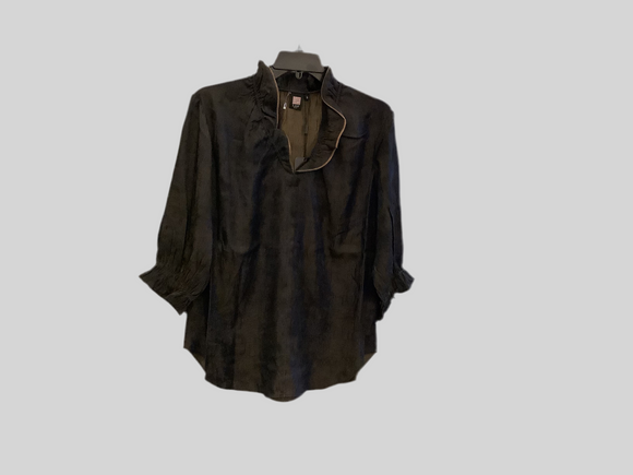 Bronze, 3/4 Ruffle Cuff Sleeve, Ruffle V-Neck Top w/Midnight Blue Shimmer by Lior