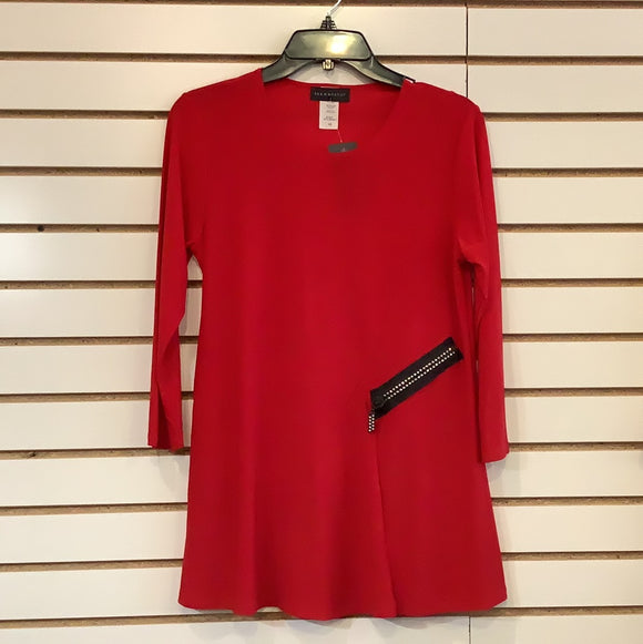 Red Round Neck Tunic w/ Rhinestone Black Zipper Side Detail by Sea and Anchor.