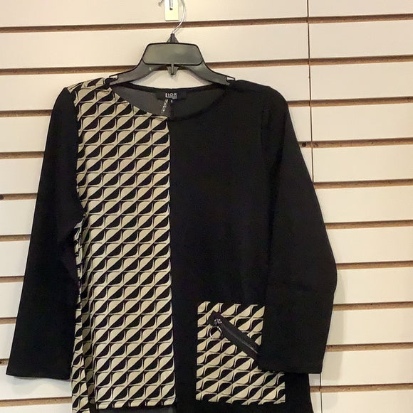Black/Taupe Graphic Design, Round Neck Top w/ 3/4 Sleeve by Lior.
