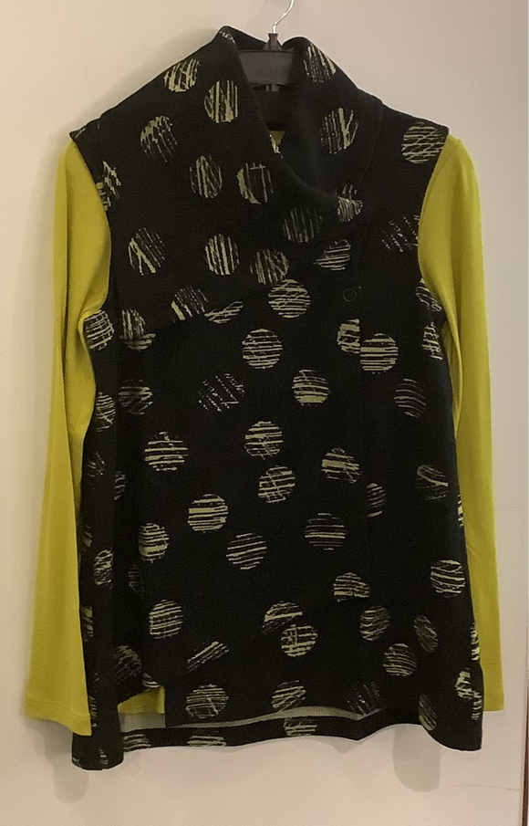 Black Sleeveless Cowl Neck Crossover Snap Front Closure Tunic w/Lime Green Circles By Dolcezza.