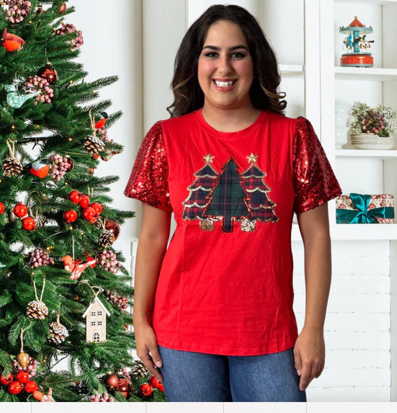 Red Sequined Short Sleeve T-Shirt w/3 Plaid Appliquéd Christmas Trees by Grace & Emma