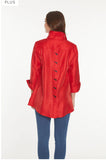 Red Blouse with Black Contrasting Buttons Down Front, Back and 3/4 Turn-Up Button Cuff  Multiples.