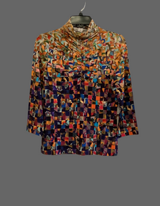 Mulitcolored Knit Pullover in Shades of Orange, Red, and Black with Mock Turtleneck and Front Rushing by Dolcezza.