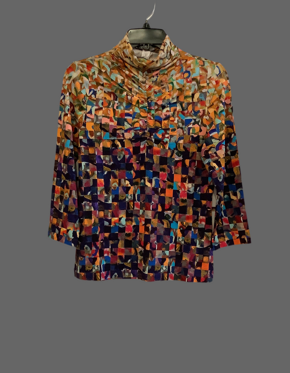 Mulitcolored Knit Pullover in Shades of Orange, Red, and Black with Mock Turtleneck and Front Rushing by Dolcezza.