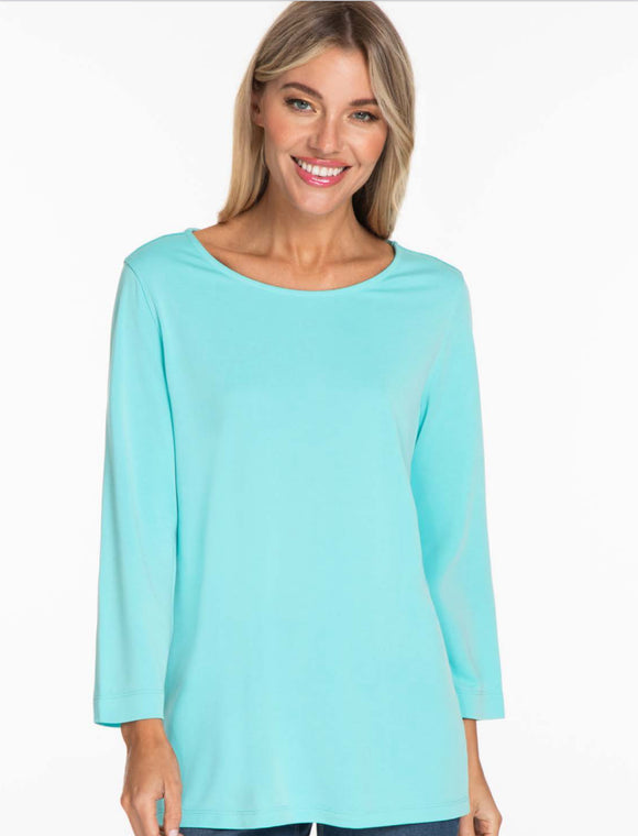 Aqua Round Neck, 3/4 Sleeve A-Line Top by Multiples.