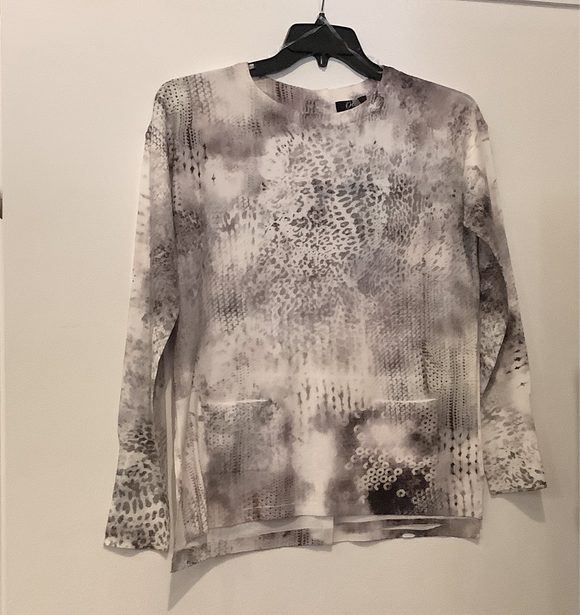Shades of Grey/Cream Scatter Print, Round Neck, Long Sleeve, Super Soft Sweater w/Front Pockets by Orly.