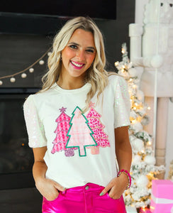 White Short Sequined Sleeves T-Shirt w/3 Pink Print Appliquéd Christmas Trees Outlined in Sequins by Grace & Emma.