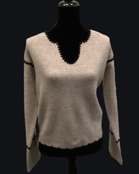 Oatmeal Heather Long Sleeve, Round Notched Neck Sweater w/Black Sequin Detail on Back by Orly.