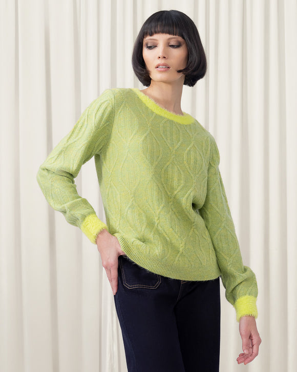 Lime Green Scoop Neck Long Sleeve Embossed Sweater by Elena Wang.