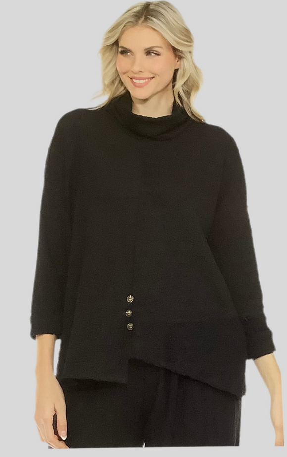 Black Textured Knit, 3/4 Sleeve, Cowl Neck Tunic w/High/Lo Hem and Button Detail by Inoah.