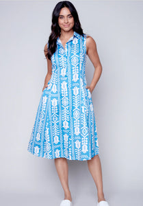 Blue/White Floral Print, Sleeveless Dress w/Side Pockets by Carre Noir.