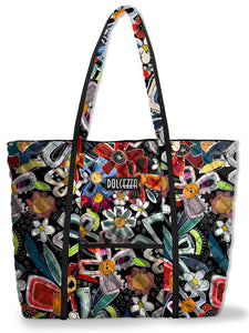 Nylon Black Multi-Colored Floral Print Tote. Work of Art 14”x 18”