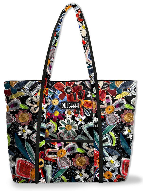 Nylon Black Multi-Colored Floral Print Tote. Work of Art 14”x 18”