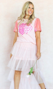 White T-Shirt w/ Pink Sequined Short Puffed Sleeves and Pink Print Appliquéd Hearts by Grace & Emma.