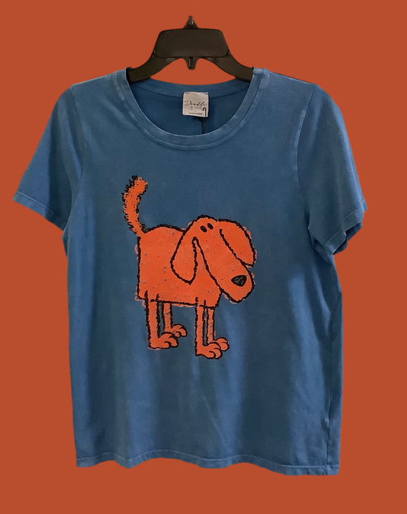 Blue Round Neck, Short Sleeve T-Shirt w/Ollie the Dog by Doodles, Inoah.