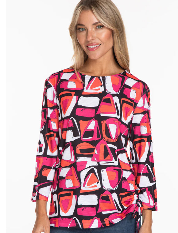 White/Fuchsia/Orange/Black Round Neck, Geometric Print Top, Ruched Side and 3/4 Sleeve with Button Detailing, by Multiples.