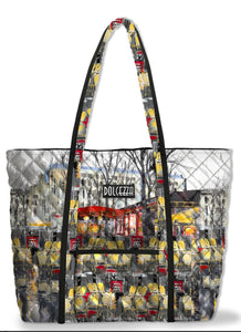 Nylon Black, Grey, Red and Yellow City Scene Tote. Work of Art 14”x 18”