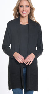 Black 3/4 Sleeve Drop Shoulder, Shawl Collar Open Front Cardigan Sweater by Multiples.