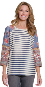 Cream/Grey Striped Top, Grey Print Raglan Sleeve,Scoop Neck Top w/Lace Panel Inset by Multiples.