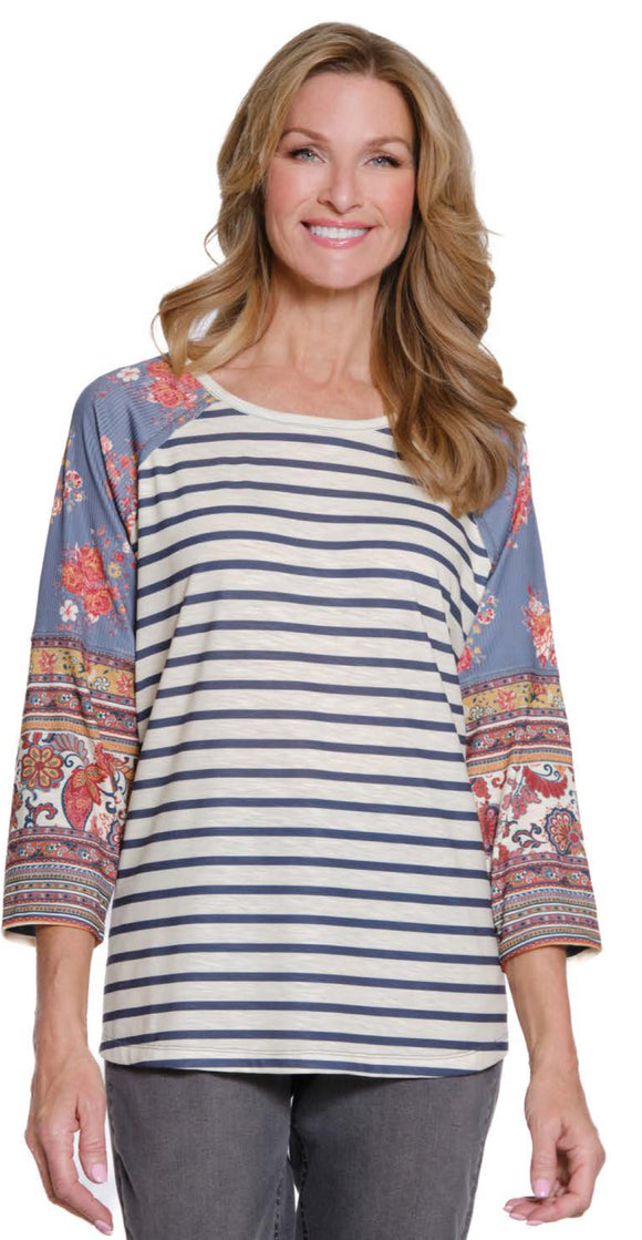 Cream/Grey Striped Top, Grey Print Raglan Sleeve,Scoop Neck Top w/Lace Panel Inset by Multiples.