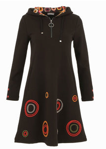 Black Zippered Neck, Hooded A-Line Dress with Multicolored Circles on Bottom and Hood Lining by Dolcezza.