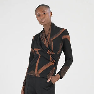 Coffee/Black Linear Geo Print Draped V-Neck, Ruched Sweater by Clara Sun Woo.