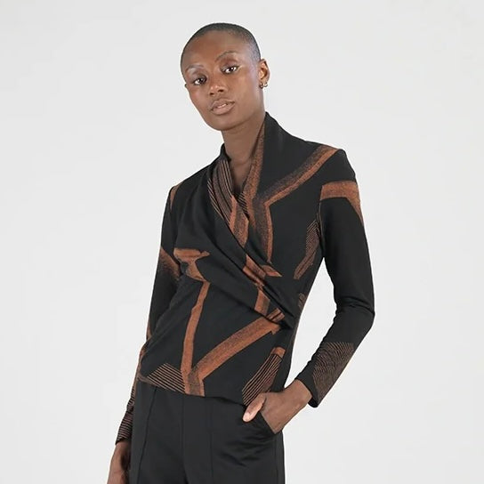 Coffee/Black Linear Geo Print Draped V-Neck, Ruched Sweater by Clara Sun Woo.