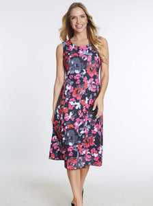 Pink, Black, Red Floral Print, Scoop Neck, Sleeveless Dress by Multiples.