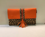 Orange/Animal Print Leather Clutch Purse w/Navy Back by Soruka