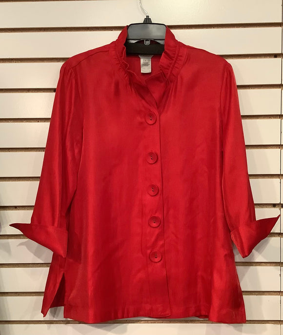 Red Wired Collar, Turn-Up Cuff 3/4 Sleeve, Button Front Shirt by Multiples.