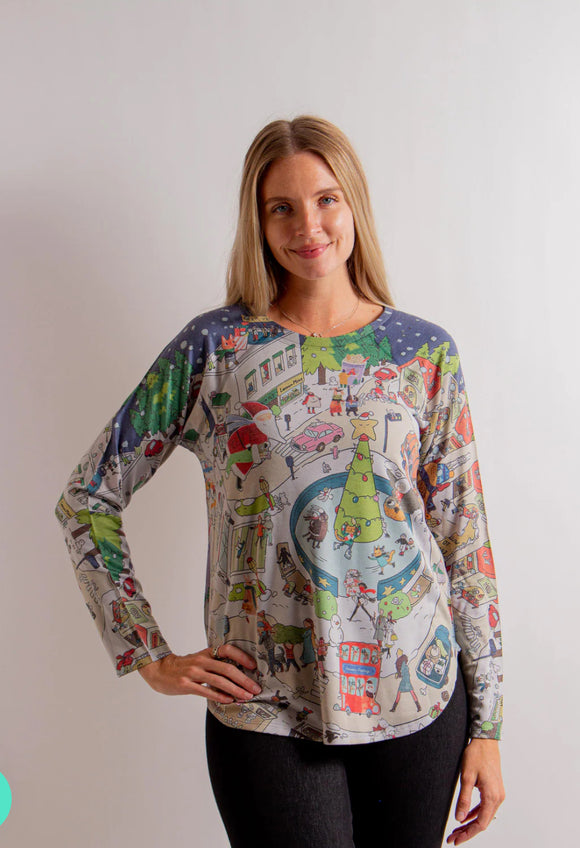 “ Santa’s Village” Dolman Sleeve, Drop Neck, Dog and Cat Print Top w/High/Lo Hem by Inoah.