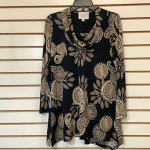 Black Cowl Neck Knit Tunic w/ Tan Paisley Design by Compli K.