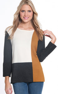 Cream/Black/Tobacco Color Block Scoop Neck, 3/4 Sleeve Sweater Top by Multiples.