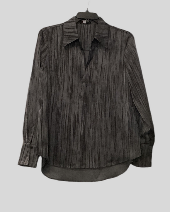 Black/Grey Woven Collared V-Neck, Long Sleeve Blouse by Carre Noir.