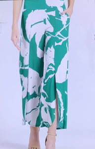 Emerald Green/Ivory Floral Print, Ankle Pant w/ Front Center Slit by Clara Sun Woo.